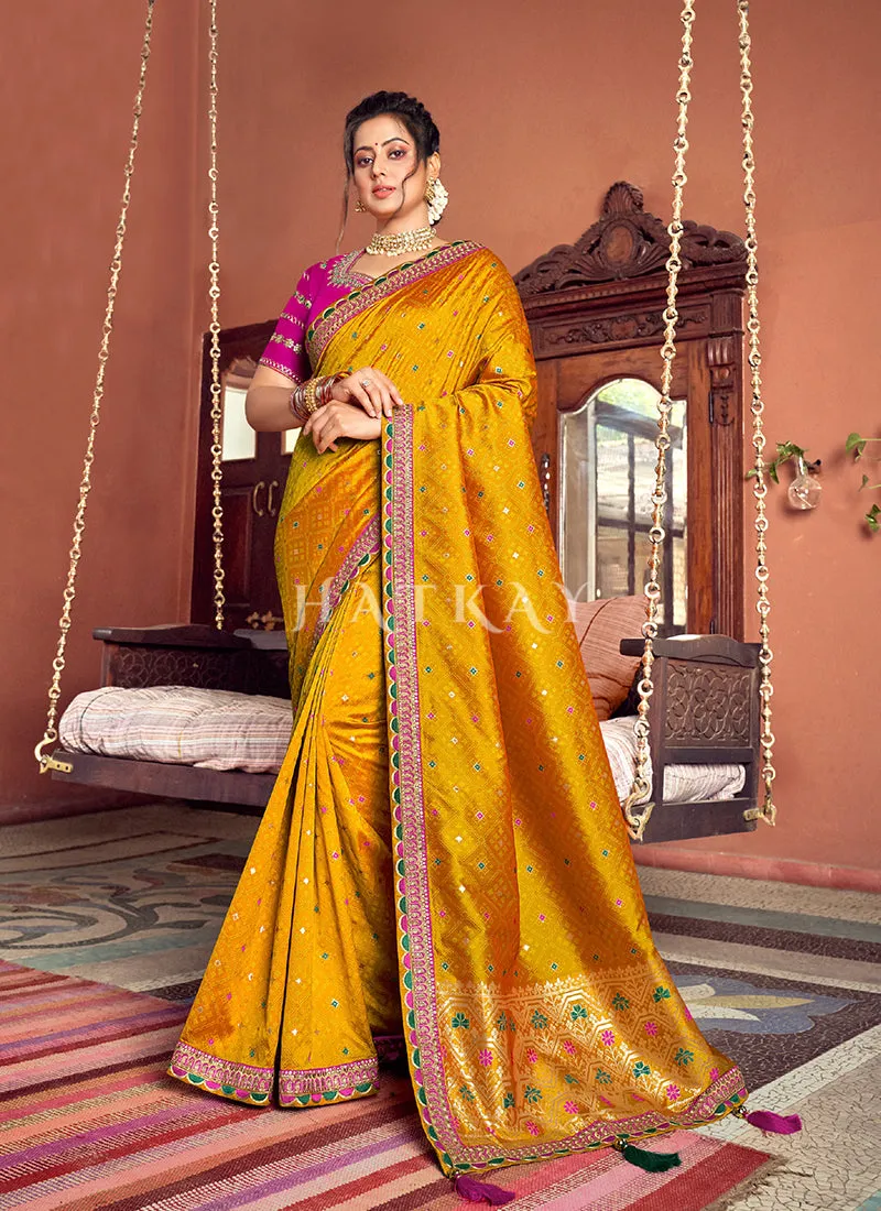 Mustard Multi Embroidered Traditional Silk Saree