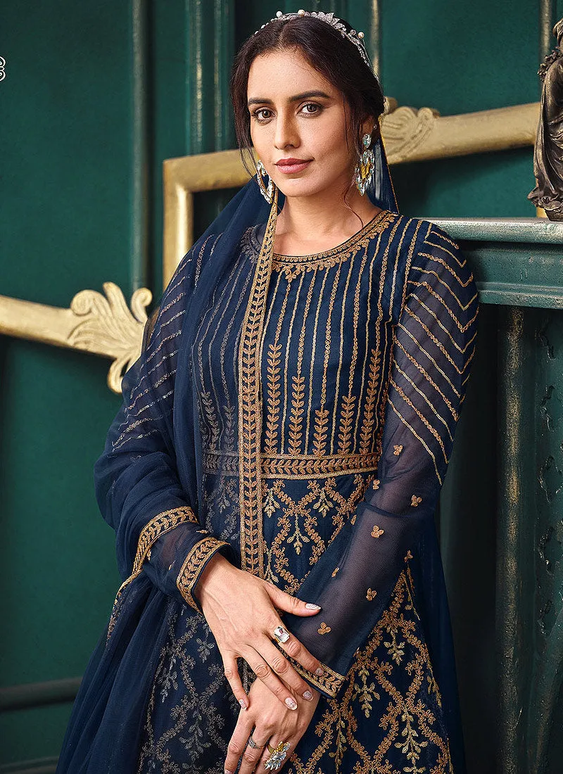 Navy Blue Traditional Embroidered Designer Indian Anarkali Suit