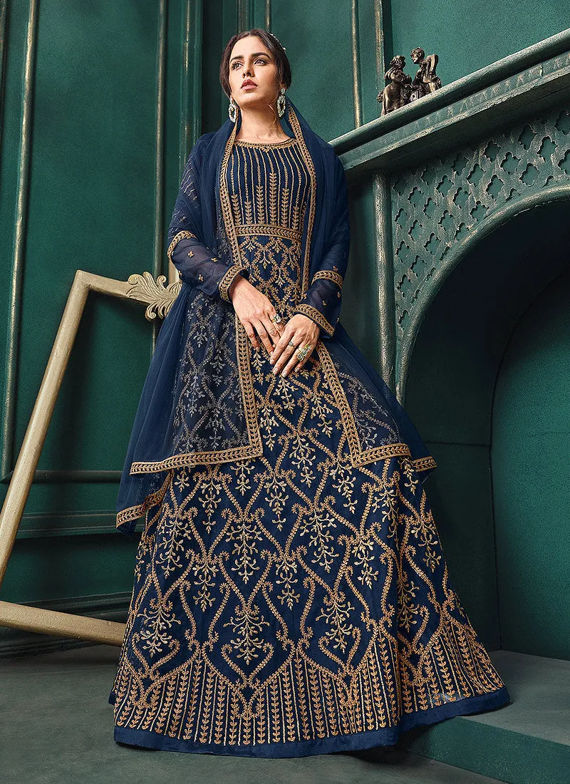 Navy Blue Traditional Embroidered Designer Indian Anarkali Suit