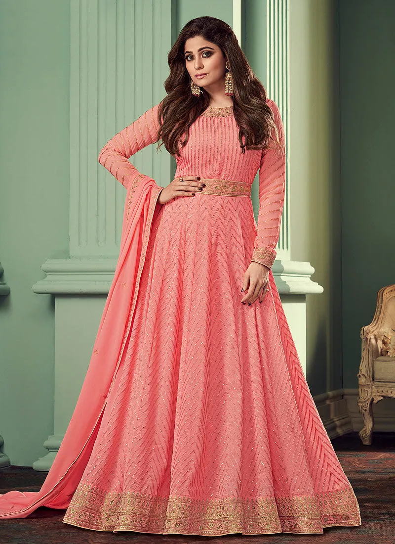 Peach Golden Embroidered Belt Style Anarkali Suit