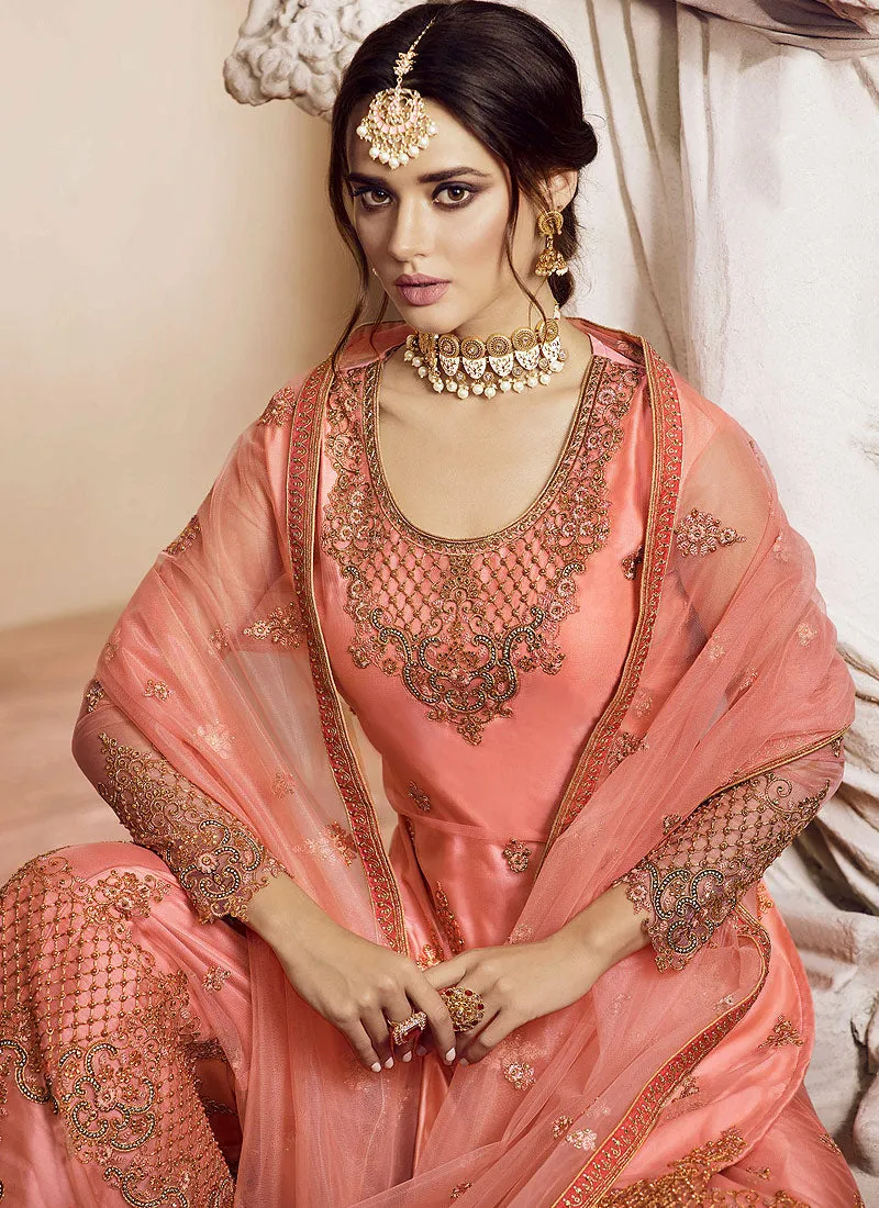 Peach Overall Golden Embroidered Gharara Suit