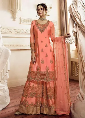 Peach Overall Golden Embroidered Gharara Suit