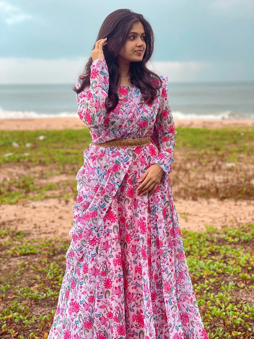 Pink Color Digital Printed Georgette Gown