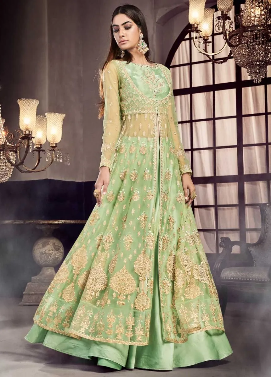 Pista Green Embroidered Anarkali Lehenga/Pant Suit