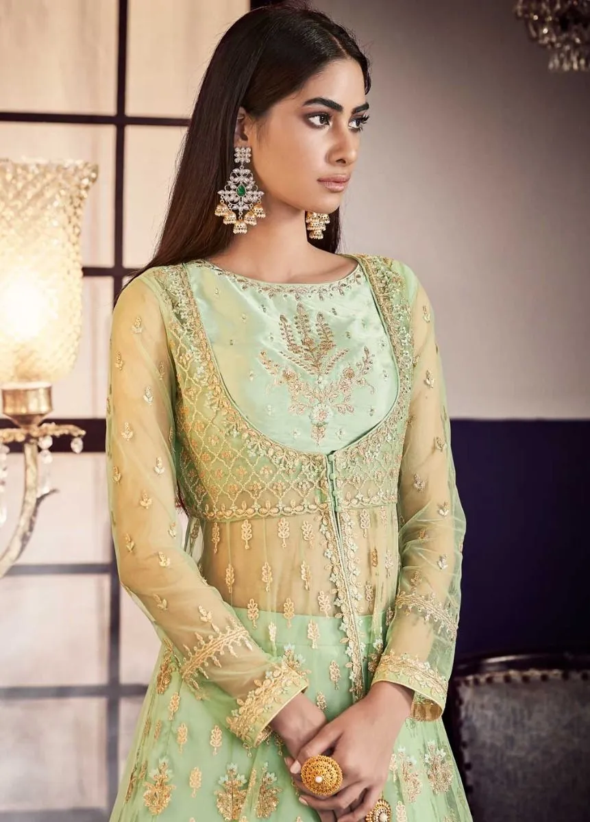 Pista Green Embroidered Anarkali Lehenga/Pant Suit