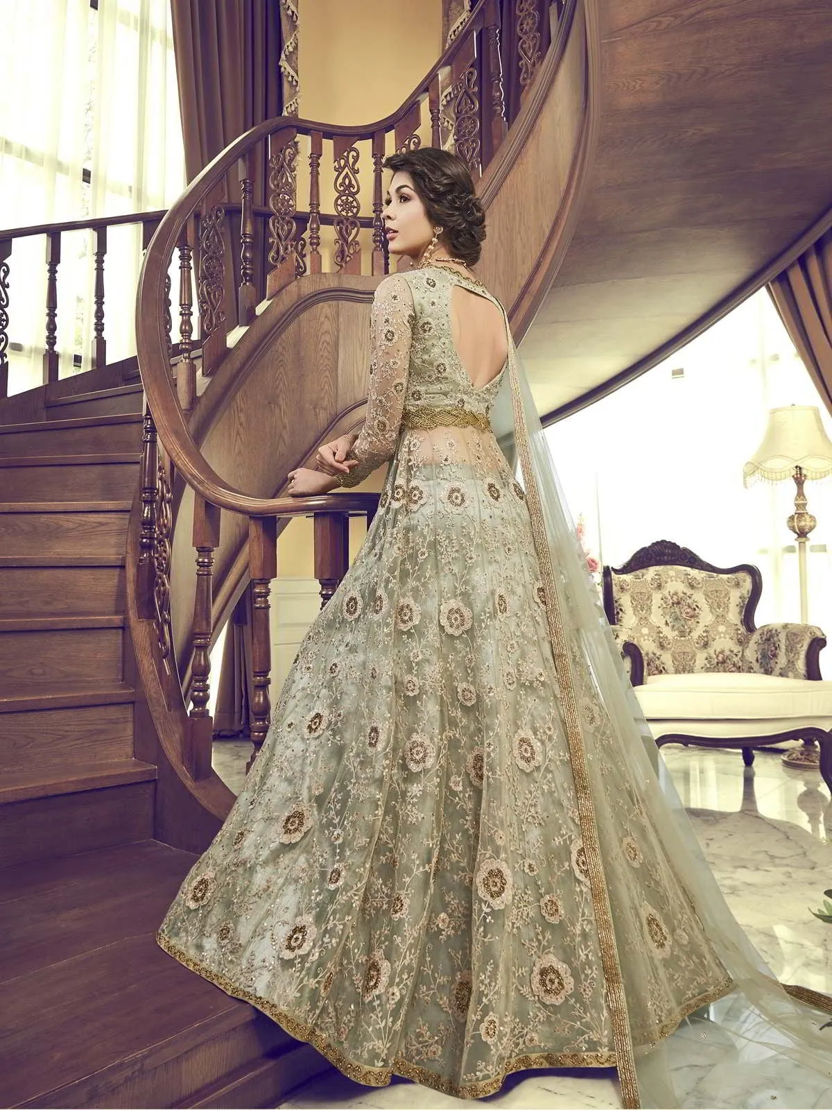 Pista Green Embroidered Wedding Anarkali Lehenga/Pant Suit