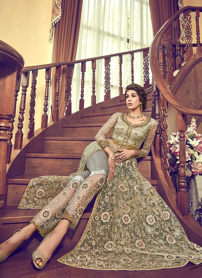 Pista Green Embroidered Wedding Anarkali Lehenga/Pant Suit