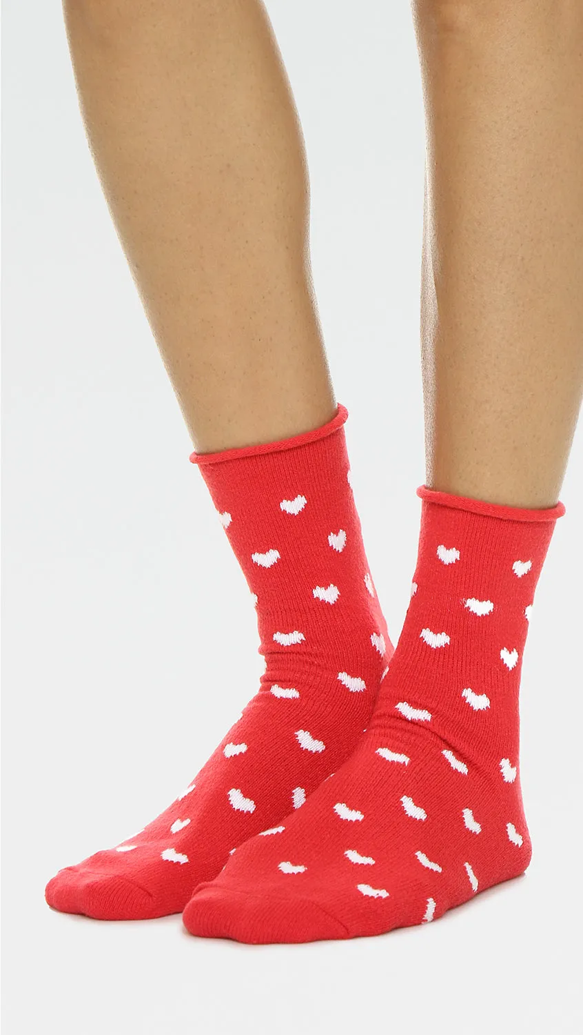 Plush Heart Rolled Fleece Socks Red