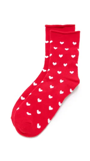 Plush Heart Rolled Fleece Socks Red