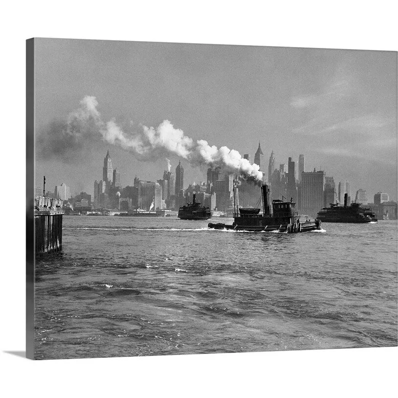 "1930's 1933 Steam Engine Tug Boat And Staten Island Ferry Boats" Canvas Wall Art