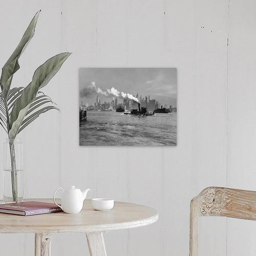 "1930's 1933 Steam Engine Tug Boat And Staten Island Ferry Boats" Canvas Wall Art