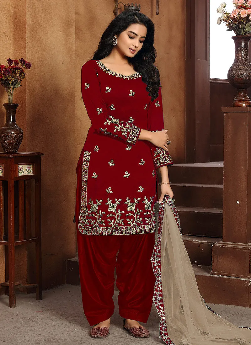 Red Mirror work Embroidered Punjabi Suit