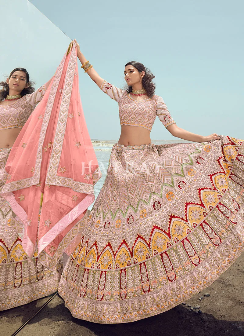 Salmon Pink Zarkan Embroidered Designer Lehenga Choli