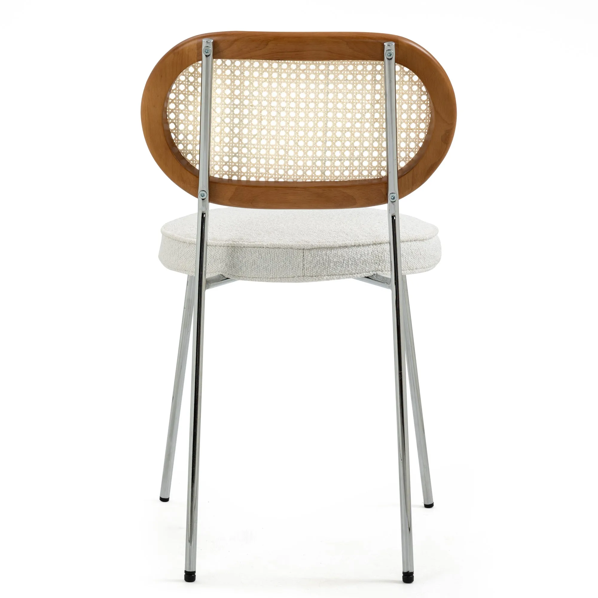 Set of 2 Azem White Boucle Fabric Dining Chair with Rattan Backrest and Chrome Legs