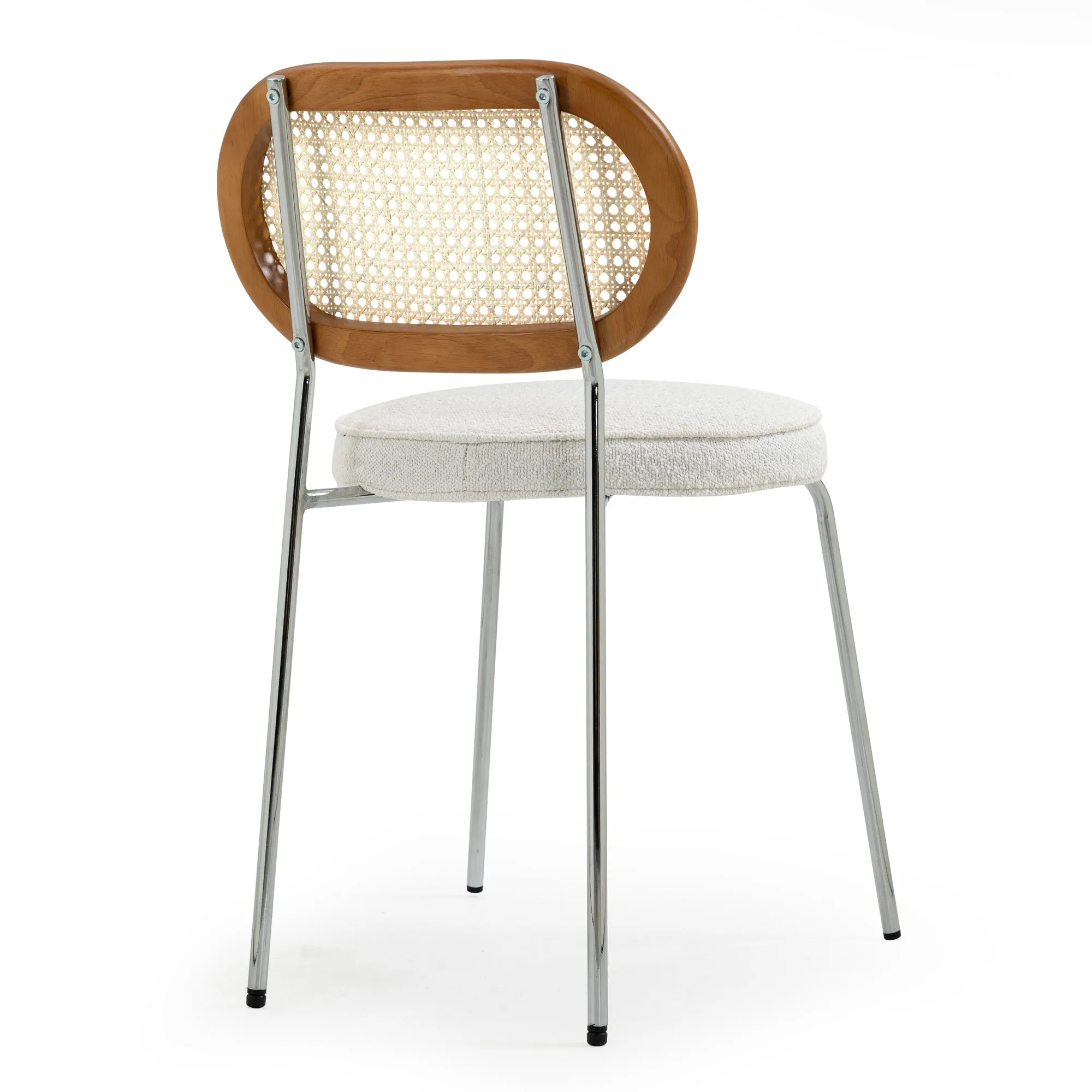 Set of 2 Azem White Boucle Fabric Dining Chair with Rattan Backrest and Chrome Legs