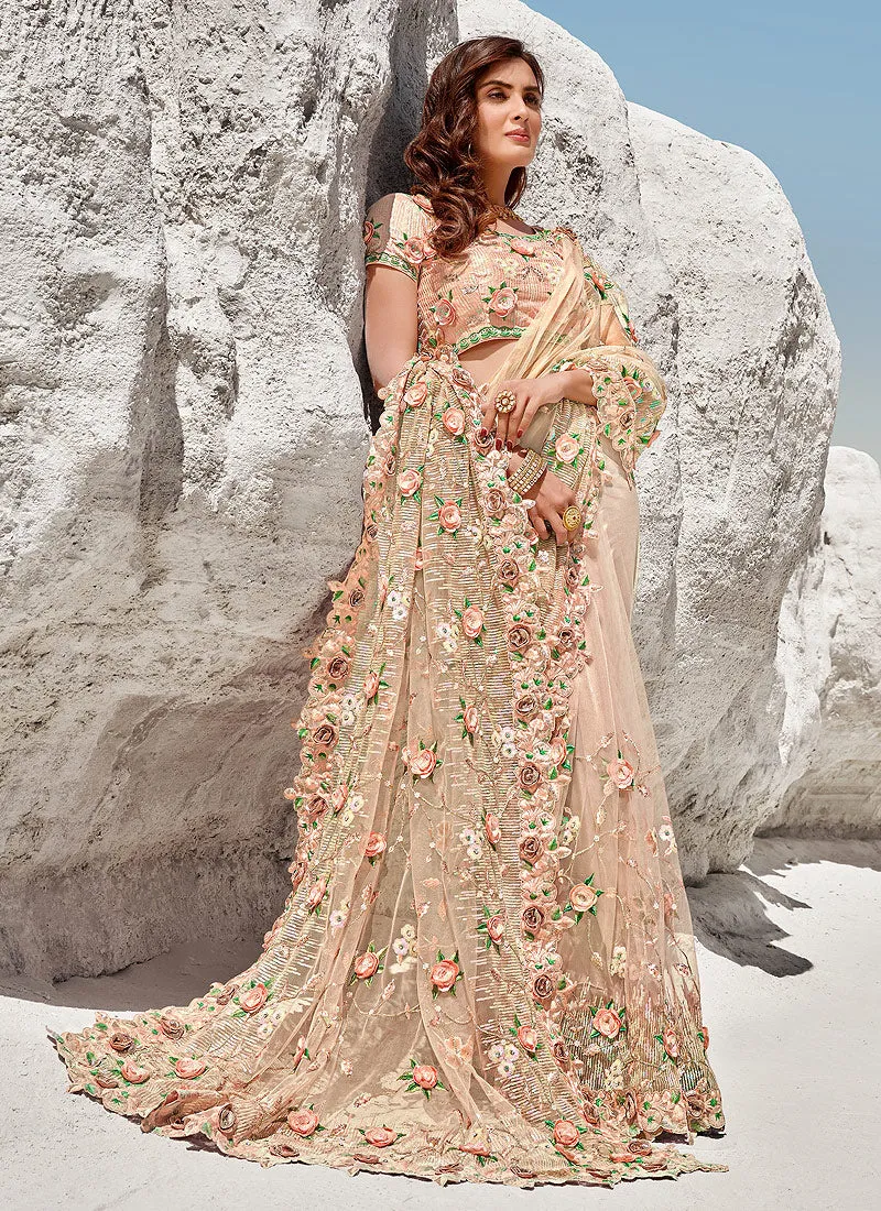 Soft Peach Floral Embroidered Indian Wedding Saree