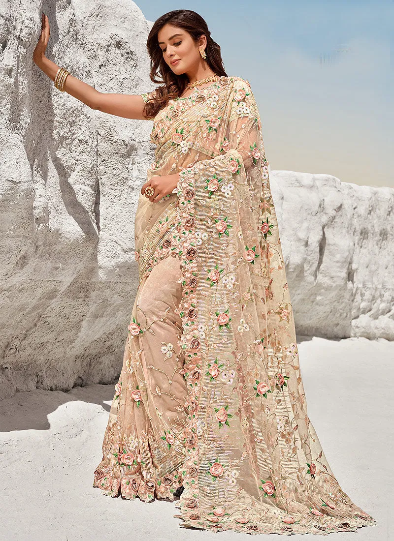 Soft Peach Floral Embroidered Indian Wedding Saree