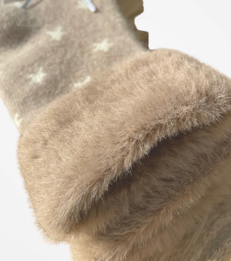 Taupe /White Star Wool Blend Sock with Faux Fur Cuff