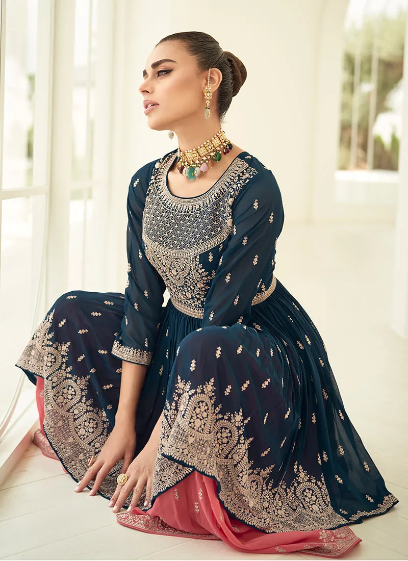 Turquoise And Peach Embroidery Anarkali Gharara Suit