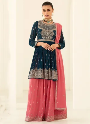 Turquoise And Peach Embroidery Anarkali Gharara Suit