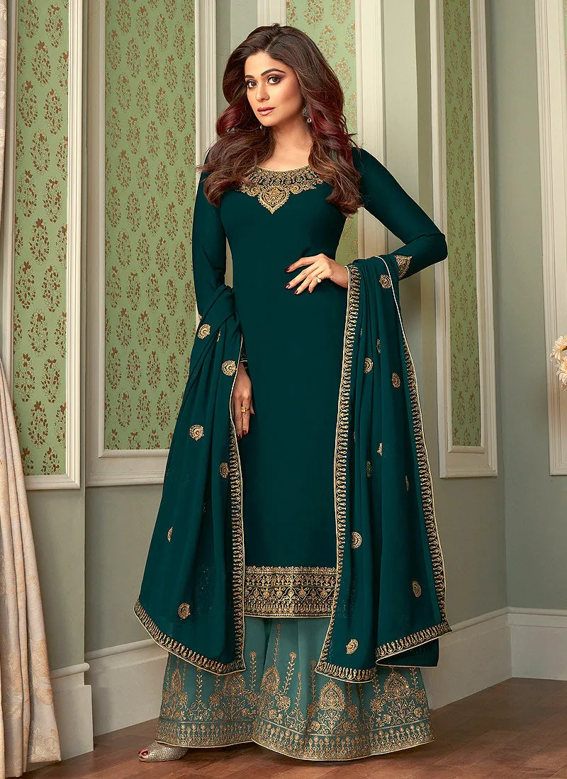 Turquoise Two Tone Embroidered Palazzo Suit