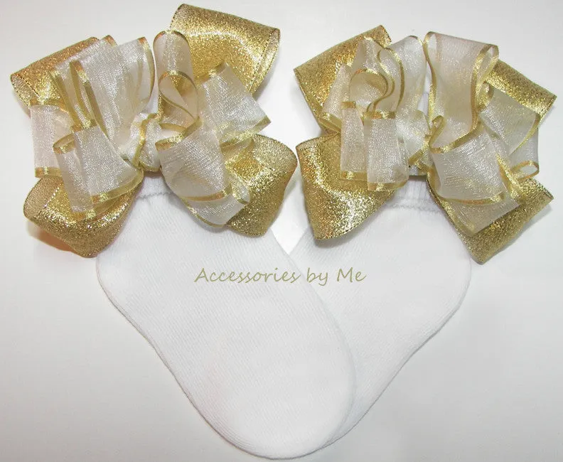 White Gold Organza Metallic Bow Socks