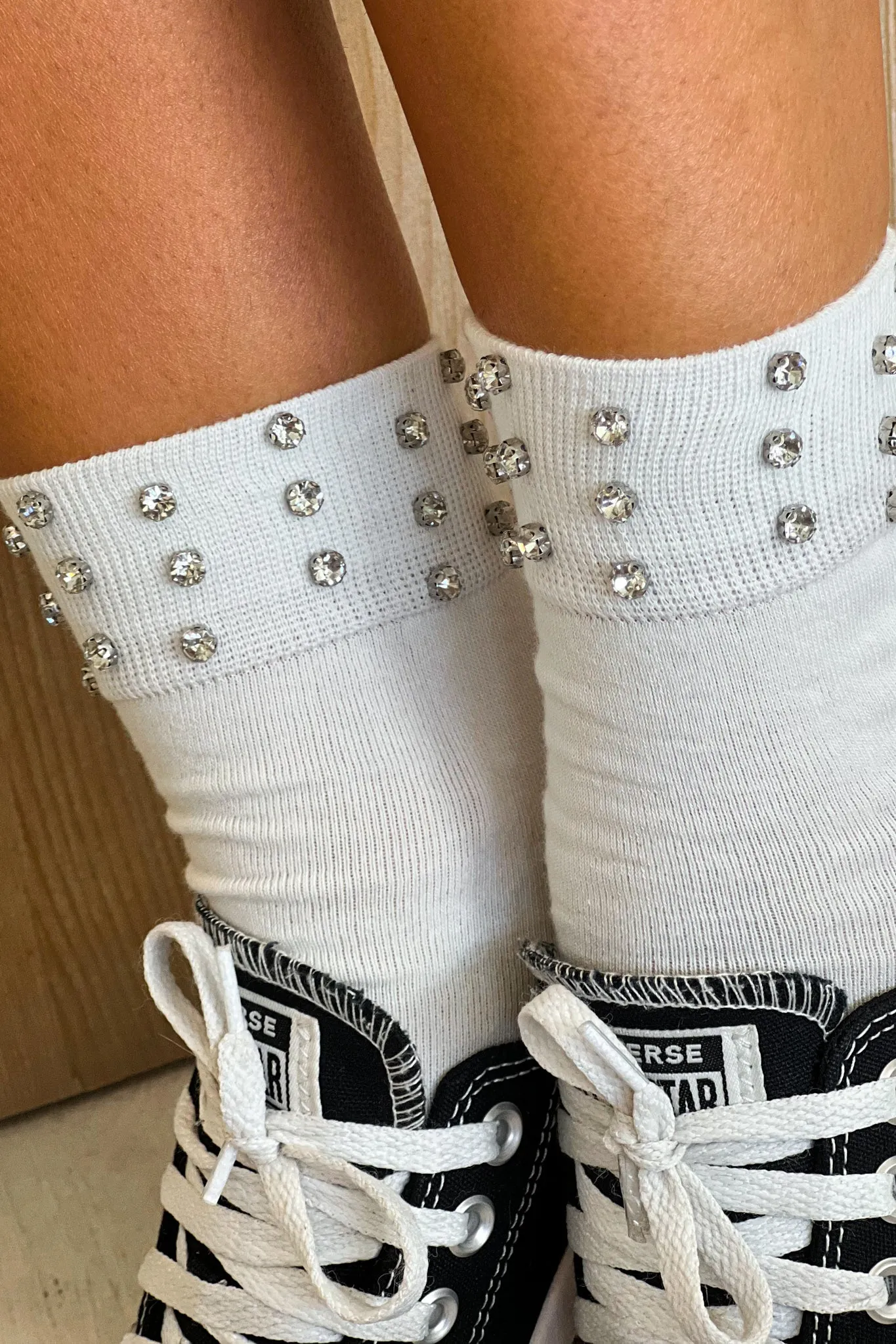 White Rhinestone Crew Socks