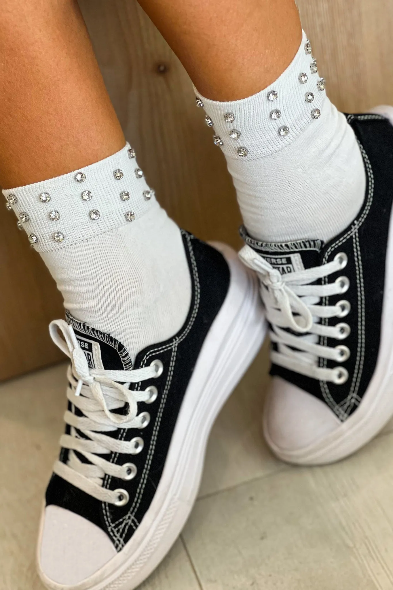 White Rhinestone Crew Socks