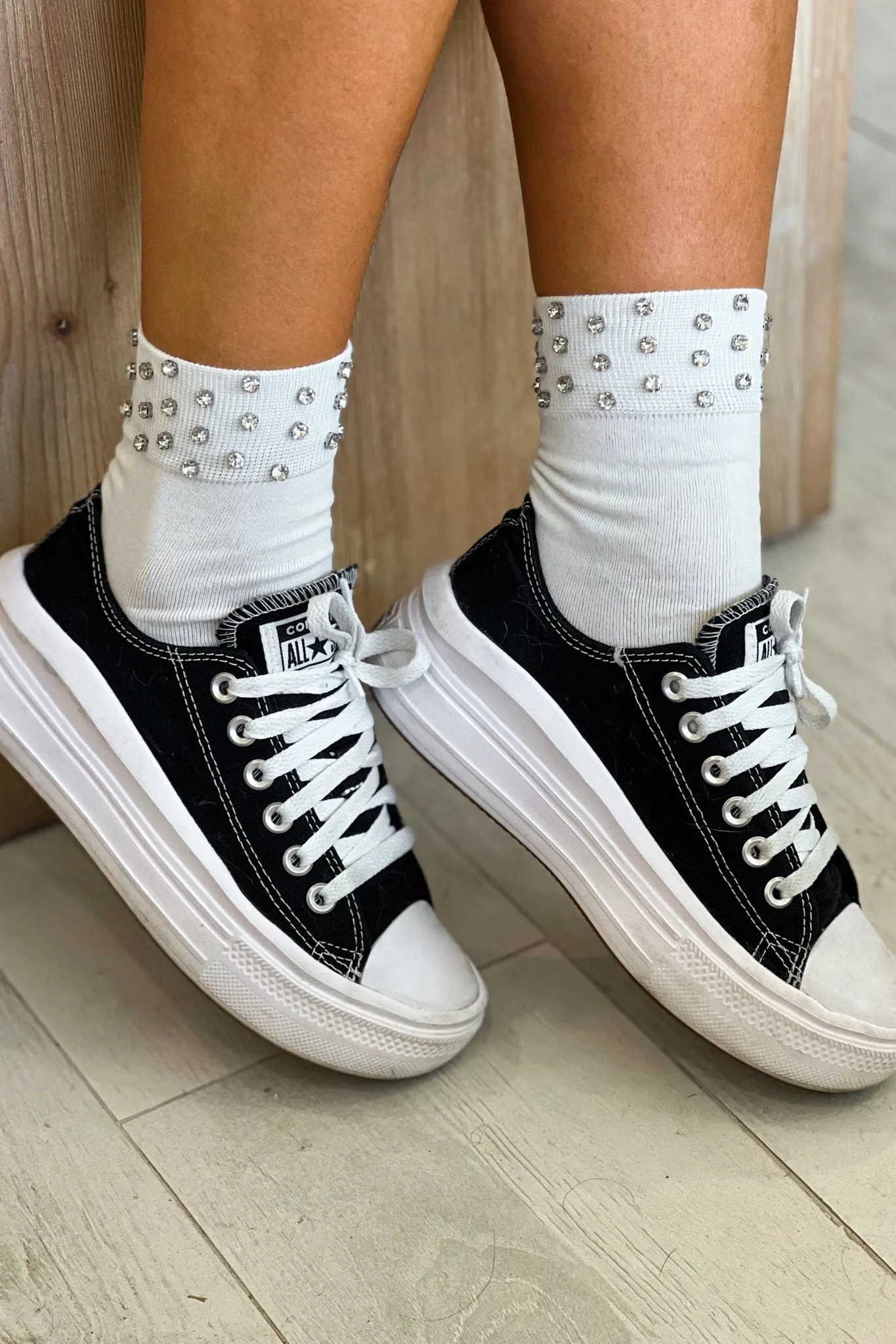 White Rhinestone Crew Socks