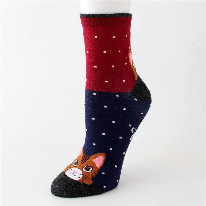 Women Cartoon Dots & Stripes Cotton Socks