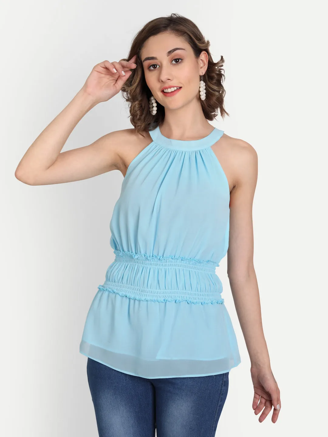 Women's Blue Crepe Cinched Waist Top