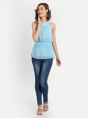 Women's Blue Crepe Cinched Waist Top