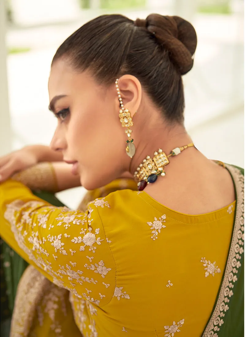 Yellow And Green Embroidery Anarkali Gharara Suit