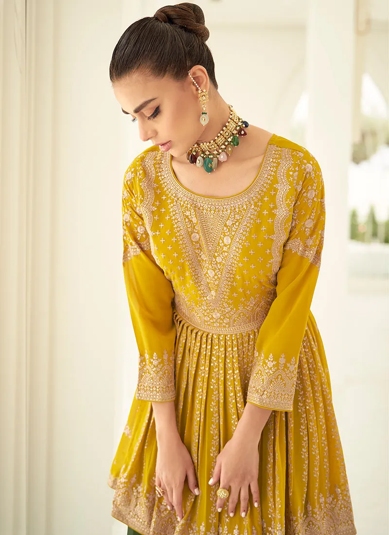 Yellow And Green Embroidery Anarkali Gharara Suit