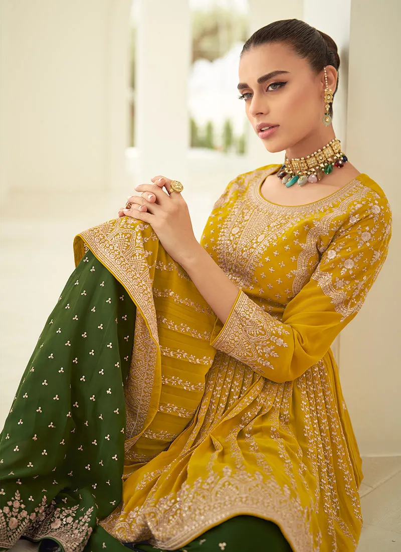 Yellow And Green Embroidery Anarkali Gharara Suit