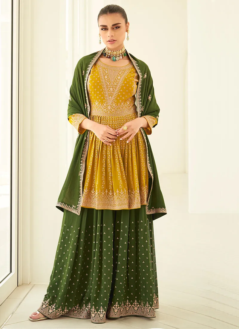 Yellow And Green Embroidery Anarkali Gharara Suit