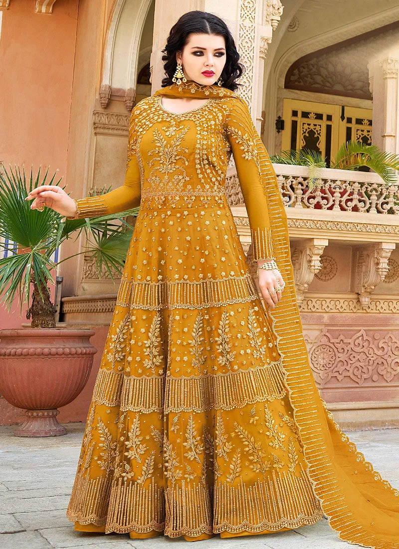 Yellow Golden Embroidered Designer Anarkali Suit