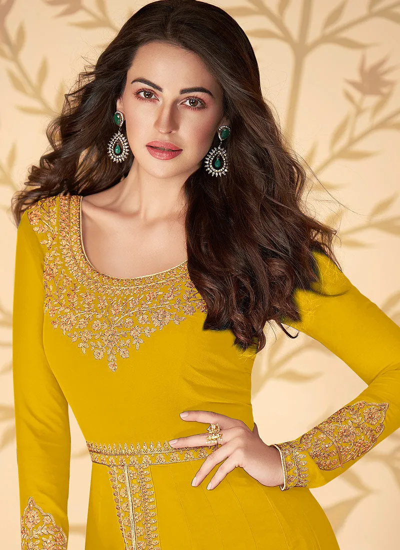 Yellow Slit Style Zari Embroidered Anarkali Pants Suit