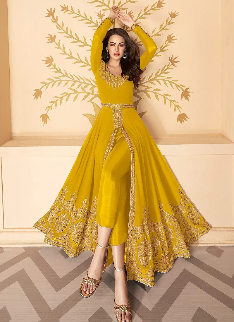 Yellow Slit Style Zari Embroidered Anarkali Pants Suit