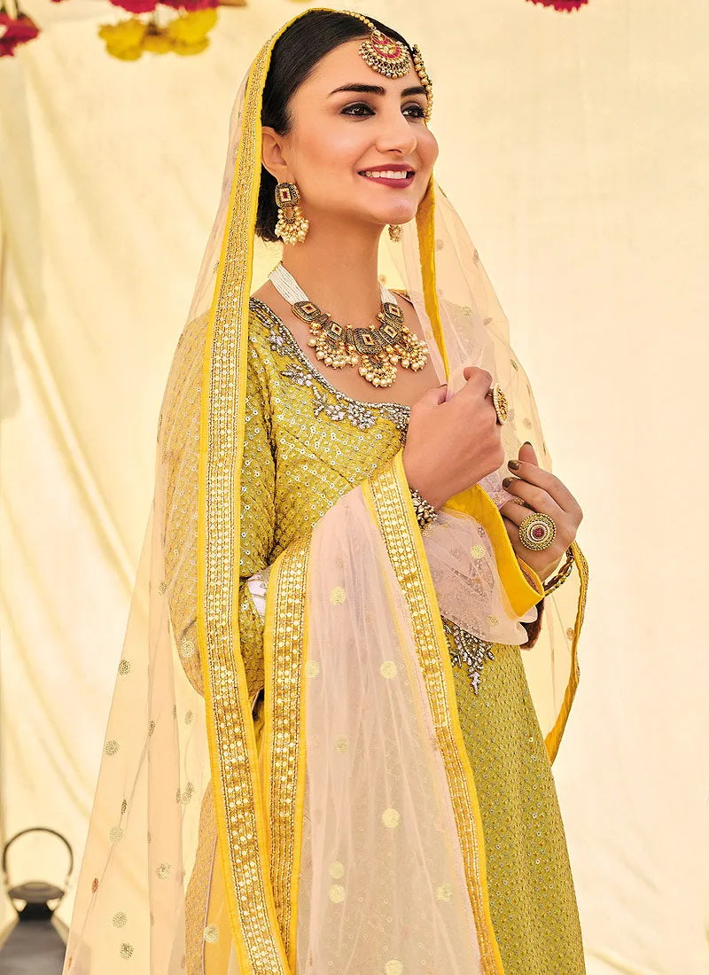 Yellow Zari Embroidered Festive Wear Sharara Style Suit